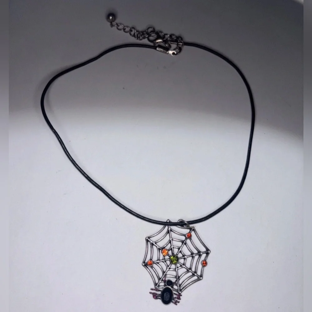 Vintage Metal Halloween Spider Web Pendent‎ On Black Cord  Necklace Rhinestones